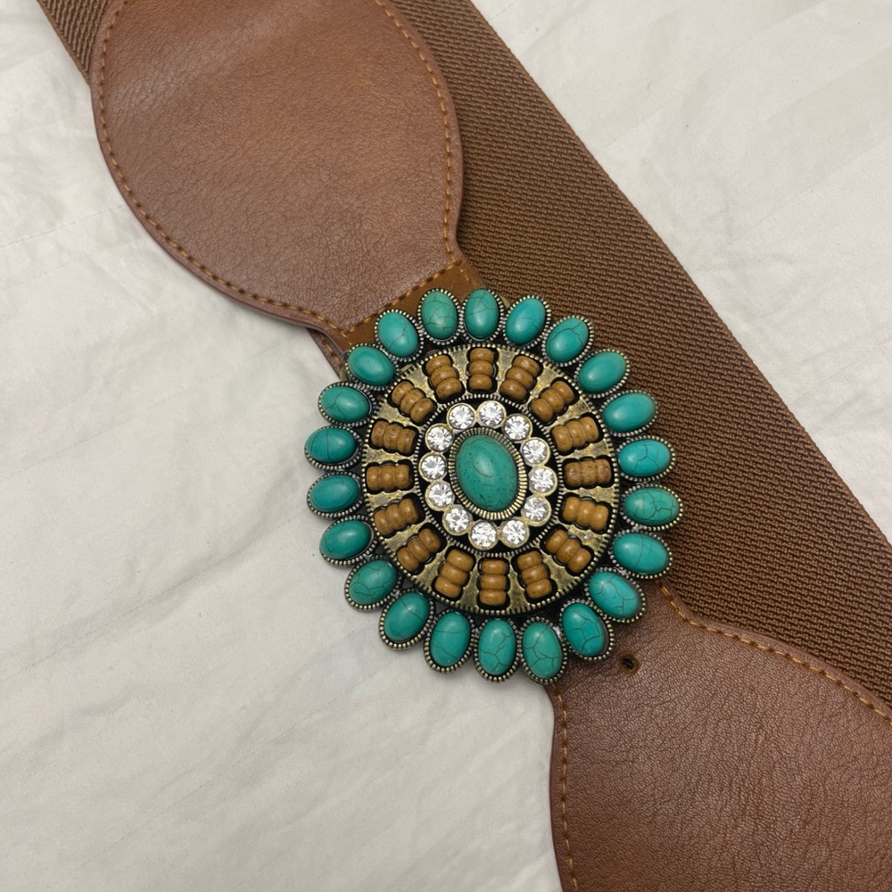 Women’s Western Elastic Leather Brown and Turquoise Beaded Embellished Belt
